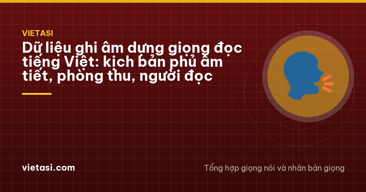 Side view of a Vietnamese voice actor in a padded recording room reading quietly from a tablet with a dark screen, pop filter in front of microphone, engineer silhouette behind glass